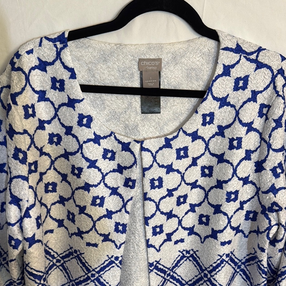 Chico's Blue and White Geometric Cardigan